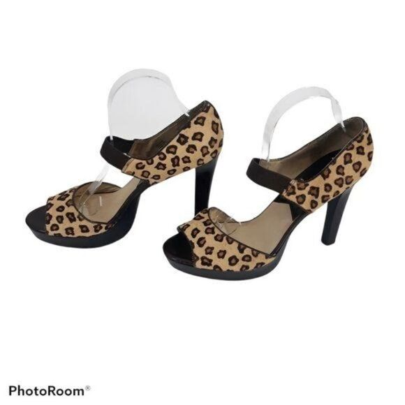 Michael Kors Calf Hair Leopard Open Toe Platform Tube Heel Ankle Strap Sz 11 - Picture 3 of 9